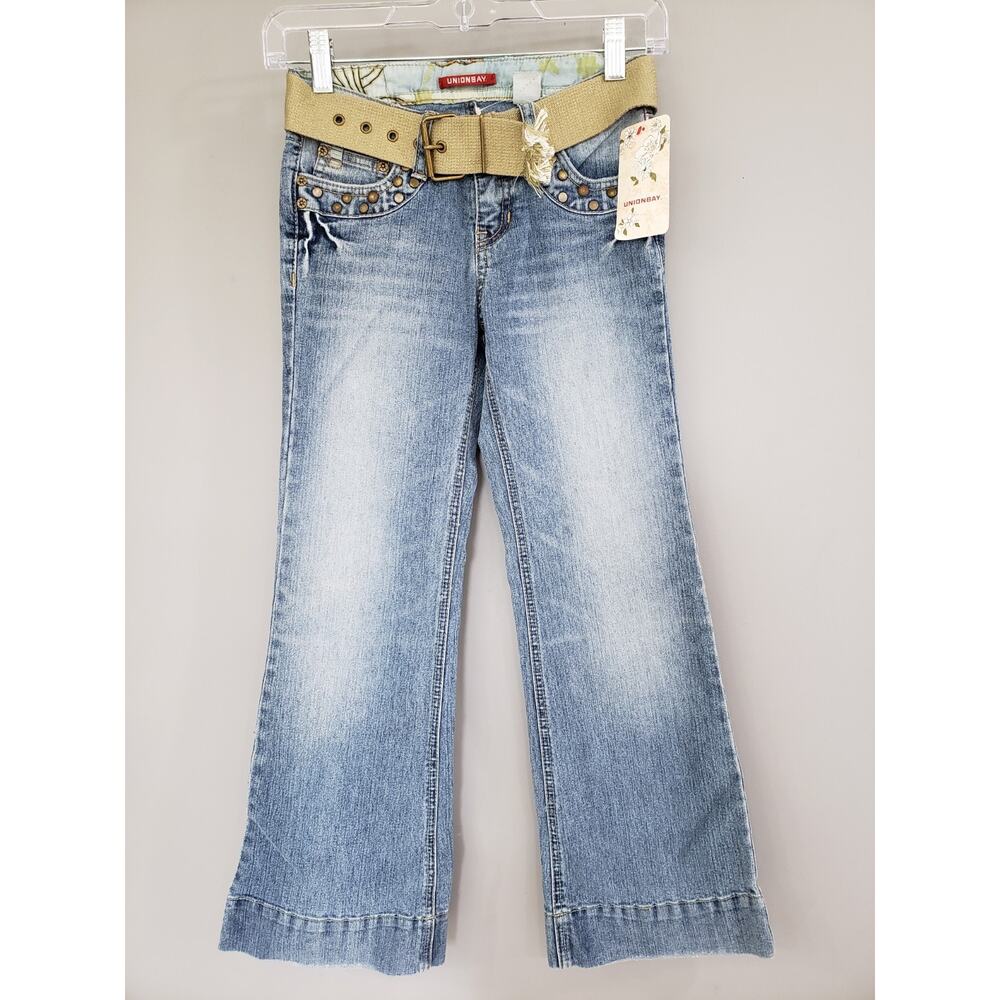 NEW Vintage y2k FLARE Union Bay Jeans Studded Belted Light Wash GIRLS 8 YOUTH